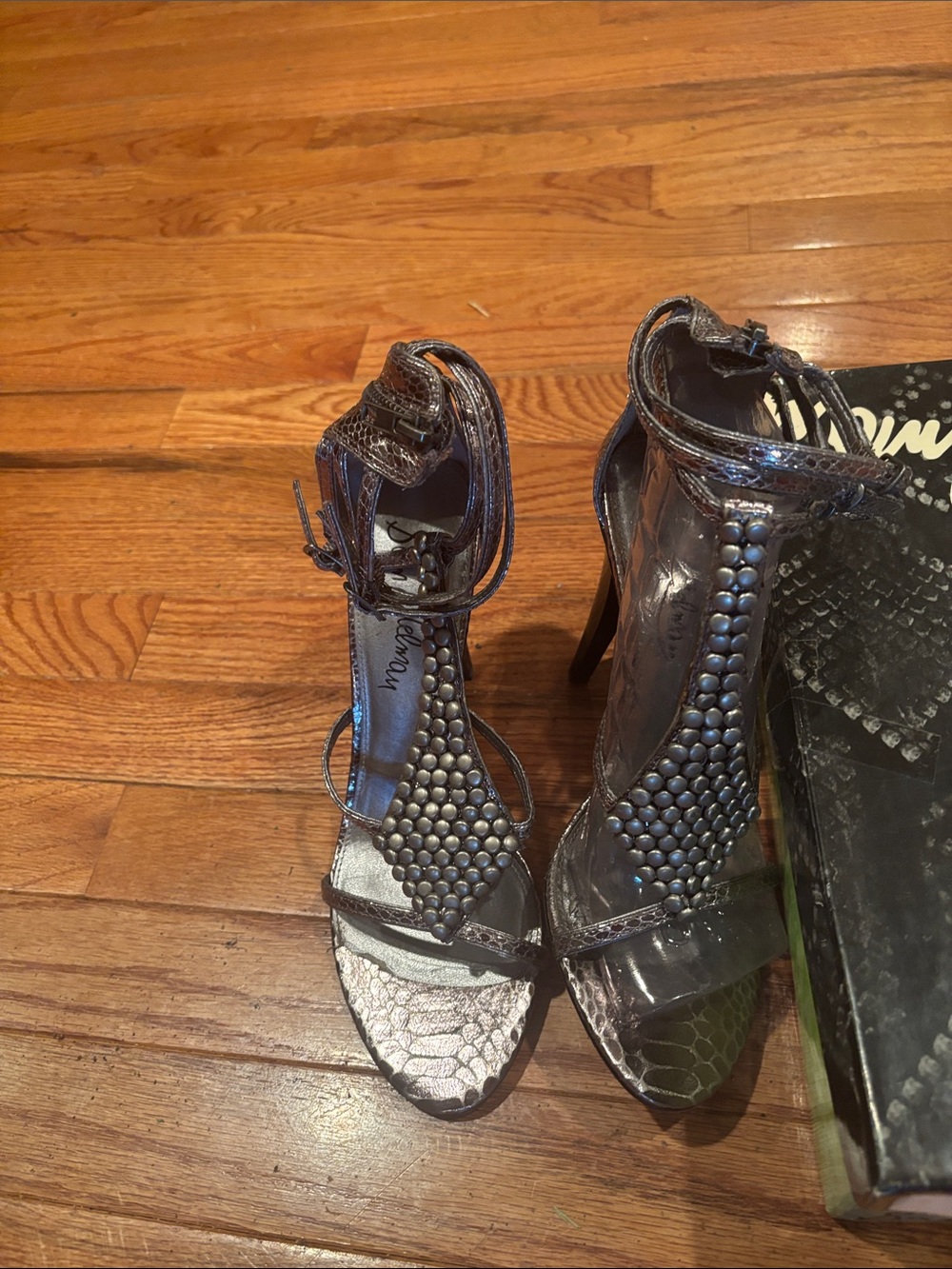 Sam Edelman Metallic Charcoal Studded T-Strap Sandals